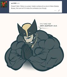 bara biceps big_pecs chest_hair cross_necklace facial_hair gloves hairy male_only marvel mask masked masked_male muscular muscular_arms muscular_male pecs ripped-saurian solo solo_male speech_bubble suit text tumblr tumblr_ask wolverine wolverine_(x-men) x-men