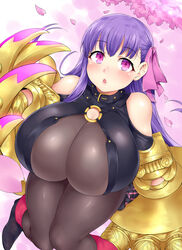 big_breasts big_thighs breasts busty claws cleavage enormous_breasts fate/extra_ccc fate/grand_order fate_(series) female gigantic_breasts golden_claws huge_breasts looking_at_viewer passion_lip pink_eyes purple_hair thighs yomomirin