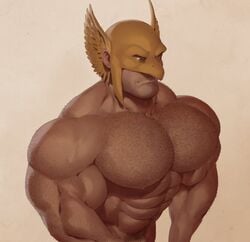 abs bara big_pecs chest_hair dc hairy hairy_arms hawkman helmet hyper hyper_muscles male_only mask masked masked_male muscular muscular_arms muscular_male pecs pubic_hair ripped-saurian solo solo_male sweat