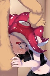 agent_8_(splatoon) black_skirt blowjob blue_eyes crop_top cum_in_mouth deepthroat ejaculation fellatio forced_deepthroat hand_on_head hizake human human_penetrating kashu_(hizake) leaking_cum male/female midriff nintendo octoling octoling_girl oral red_hair smaller_female splatoon splatoon_(series) splatoon_2 splatoon_2:_octo_expansion tearing_up