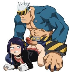 1boy 1girls all_fours ass big_penis death_arms_(my_hero_academia) doggy_style earlobe_jacks fingerless_gloves headphones hero_outfit_(mha) imminent_sex kyoka_jiro looking_at_partner looking_back muscular muscular_male my_hero_academia older_male penis purple_hair shoganight size_difference skinny_girl small_breasts thighs white_background younger_female