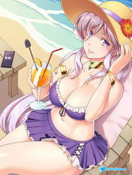 1girls alternate_costume artist_name bangs bikini bikini_skirt bracelet breasts cellphone chair choker cleavage commission cup drinking_straw etchimune female fire_emblem fire_emblem:_genealogy_of_the_holy_war flower hat holding holding_cup ishtar_(fire_emblem) jewelry long_hair looking_at_viewer nintendo open_mouth phone purple_bikini purple_eyes purple_hair purple_swimsuit red_flower scenery smile solo solo_female swimsuit water