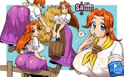 1girls artist_logo artist_name big_breasts big_butt blue_eyes bucket butt dress fence fully_clothed hay huge_butt innocent innocent_expression large_butt lon_lon_milk looking_at_viewer looking_back_at_viewer malon milk milk_bottle ocarina_of_time orange_hair pointy_ears sasatseng scarf the_legend_of_zelda wet_shirt