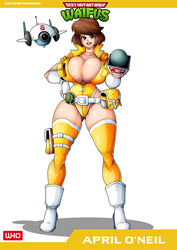 april_o'neil april_o'neil_(tmnt_1987) armwear belt big_breasts brown_hair character_name choker cleavage drone electronics female footwear high_heel_boots huge_breasts human legwear leotard microphone outerwear pale_skin short_hair solo solo_focus standing teenage_mutant_ninja_turtles text thigh_strap thighhighs tmnt_1987 witchking00 wristwear yellow_legwear