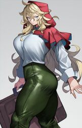 big_ass big_breasts big_butt big_thighs blonde_hair blue_eyes fully_clothed grimm_(red_hood) high_waisted_pants hood huge_breasts long_hair muscular_female muscular_thighs standing suitcase the_hunters_guild:_red_hood thick_thighs thunder_thighs tight_clothing tight_fit tight_pants yoshi55level