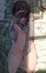 bangs barefoot bed_sheet black_hair blanket blue_eyes blue_panties blunt_bangs blush bottle commentary_request empty_eyes female fever fingering from_above grey_hoodie groping hair_ornament hairclip highres hood hood_down hoodie hoodie_lift long_hair long_sleeves low_twintails lying masturbation navel niranom no_bra on_back on_bed one_breast_out original panties panty_pull pill pillow print_hoodie solo star_(symbol) star_print stomach sweat thermometer twintails underwear water_bottle x_hair_ornament