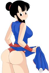 ass ass_focus black_eyes black_hair caisama chichi dragon_ball female fully_clothed hairbun looking_at_viewer presenting skirt_lift smile smiling solo thong white_background