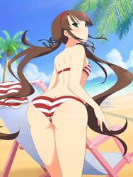 1girls ass ass_cleavage ass_focus bare_thighs beach bikini blush bra breasts brown_hair butt_crack clothing day emblem eyebrows eyebrows_behind_hair feet_out_of_frame female from_behind hairband heterochromia high_resolution horizontal-striped_bra horizontal-striped_panties horizontal_stripes huge_ass large_ass legs legs_together light-skinned lingerie long_hair looking_back navel official_art outdoors pantsu pettanko posing posterior_cleavage presenting presenting_hindquarters ryoubi_(senran_kagura) senran_kagura shiny shiny_skin showing_off small_bikini small_breasts smile smug solo striped striped_bra striped_panties striped_swimsuit striped_underwear swimsuit thick_thighs thighs tied_hair twintails undersized_clothes underwear yaegashi_nan