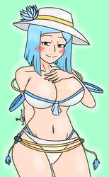 1girls alternate_costume arete_(fire_emblem) bikini blue_hair blush breasts cleavage female fire_emblem fire_emblem_fates hand_on_own_chest hat huge_breasts large_breasts looking_at_viewer midriff milf navel nintendo petelavadigger petelewddigger short_hair smile solo solo_female swimsuit white_bikini white_swimsuit yellow_eyes