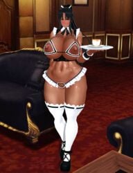 3d abs angry black_hair blush breasts captured cleavage dark_skin defeated embarrassed huge_breasts humiliation lingerie long_hair looking_at_viewer maid maid_bikini maid_headdress maid_uniform mirabell_bell negakura_imu nipples open_clothes ponytail serving_tray slave taimanin_(series) taimanin_asagi thick_thighs thighhighs thighs tray yellow_eyes