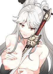 bangs breasts closed_mouth eyebrows_visible_through_hair female genshin_impact green_hair hair_ornament hairpin hand_on_own_chest hinagi_(fox_priest) large_breasts long_hair looking_at_viewer ningguang_(genshin_impact) nipples nude nude_female object_between_breasts parted_bangs red_eyes sidelocks simple_background smile solo sparkle sword weapon white_background white_hair