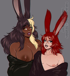 1boy 1girls amoine areolae bare_shoulders beauty_mark big_breasts black_hair black_lipstick blonde_highlights breasts breasts_out bunny_ears cloak crossdressing cupcake992 dark-skinned_female dark_skin eyelashes eyeliner eyeshadow female femboy final_fantasy final_fantasy_xiv flat_chest girly grey_background hi_res huge_breasts lipstick long_hair looking_at_viewer makeup male medium_hair mole mole_under_eye multicolored_hair nipples orange_eyes red_hair red_lipstick taller_girl viera