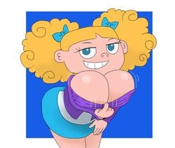 1girls 2021 5_fingers big_breasts blonde_hair blue_background blue_eyes cleavage female godalmite looking_at_viewer paizuri_invitation phineas_and_ferb shortstack suggestive suzy_johnson tagme teasing thick_thighs white_background