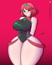 1girls belly belly_button big_breasts big_thighs blush hourglass hourglass_figure huge_breasts huge_thighs massive_thighs mrstudmuffin nervous pyra red_hair short_hair sleeveless sleeveless_shirt thick thick_thighs voluptuous wide_hips xenoblade_(series) xenoblade_chronicles_2