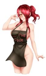 1girls biceps black_apron blush collarbone fang_out groin hair_over_one_eye horny huge_breasts kobayashi_rindou naked_apron red_hair shokugeki_no_souma sideboob twrlare