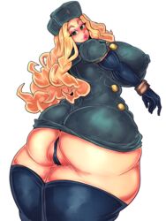 1girls abs ass black_gloves black_legwear black_panties blonde_hair blush buttons coat eyebrows eyeshadow from_behind fur_hat fur_trim gloves green_eyes hat huge_ass huge_breasts kolin legwear lips long_hair looking_at_viewer looking_back muscular_female nipples parted_lips pussy royhack solo standing street_fighter street_fighter_v teeth thick_thighs thighhighs thighs transparent_background ushanka wavy_hair wide_hips winter_clothes winter_coat zettai_ryouiki