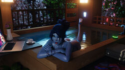 3d amelie_lacroix barefoot big_ass big_butt bikini blender blue_hair bubble_butt cute feet feet_up green_eyes looking_at_viewer naughty_face overwatch qtria swimming_pool tattoo tongue water wet widowmaker