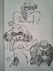 clenched_teeth dark-skinned_female female_ejaculation fingering lewdtoonyguy licking_fingers marina_(splatoon) pale-skinned_female pearl_(splatoon) pencil_(artwork) pussy_juice sketch splatoon splatoon_2 squirting tongue_out yuri