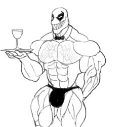 1boy bara biceps bowtie bulge flaccid grin huge_muscles male_only marvel monochrome muscular muscular_arms muscular_male muscular_neck pecs plate ripped-saurian skinsuit smooth_skin solo spider-man_(series) symbiote triceps veiny_muscles venom venom_(marvel) waiter wine_glass