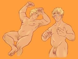 1boy armpits arms_up artist_request blonde_hair blush blushing fat_man fatgum flaccid male male_focus male_only my_hero_academia nude sleeping small_penis solo tagme thick_eyebrows toyomitsu_taishirou