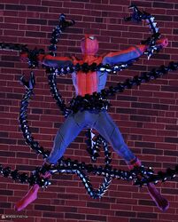 1boy 3d 3d_(artwork) anal bara bodysuit bondage captured doctor_octopus forced gay helpless male male_focus male_only malesub marvel marvel_comics mask masked masked_male mechanical_tentacles msangelfood peril peter_parker restrained spandex spider-man spider-man_(series) tentacle tentacle tentacle_on_male tentacle_suspension yaoi