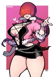 babo breasts character_name cleavage commentary dress feet_out_of_frame female fur-trimmed_jacket fur_trim hair_over_eyes highres jacket king_of_fighters king_of_fighters_xv large_breasts lips long_hair pink_background pink_jacket ponytail red_hair revealing_clothes shermie_(kof) snk solo thighs two-tone_background white_background