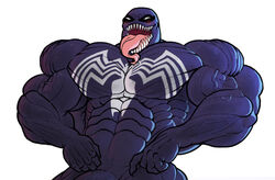 1boy abs bara biceps blush flaccid grin huge_muscles humanoid male male_only marvel muscular muscular_arms muscular_male muscular_neck nude pecs ripped-saurian saliva skinsuit smooth_skin solo spider-man_(series) symbiote teeth tongue tongue_out triceps veiny_muscles venom venom_(marvel)