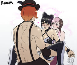 1boy 2girls arsonichawt blake_belladonna female hat male multicolored_hair neo_(rwby) roman_torchwick rwby unseen_male_face wrestling