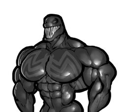 1boy abs bara biceps grin huge_muscles male male_only marvel monochrome muscular muscular_arms muscular_male muscular_neck nude pecs ripped-saurian skinsuit smooth_skin solo symbiote teeth triceps veiny_muscles venom venom_(marvel)