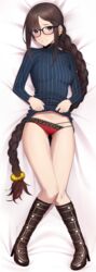 black_and_red_panties blue_shirt blush braid brown_hair dark_brown_hair embarrassed fate/grand_order fate_(series) glasses knee_boots kneehighs legs_crossed on_back on_bed picot_trim picot_trim_panties red_panties senpai shirt shirt_lift side-tie_panties wife yu_mei-ren_(fate)