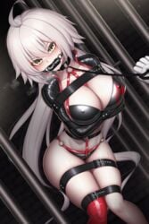 1girls angry arms_behind_back bars bdsm belt bit_gag blush blushing bondage bound bound_arms bound_legs collar drool dungeon erect_nipples fate/grand_order fate_(series) female female_focus female_only gag gagged hands_behind_back helpless highres jeanne_alter jeanne_alter_(swimsuit_berserker) jeanne_d'arc_(fate) jeanne_d'arc_(fate)_(all) latex leash leash_pull long_hair looking_at_viewer navel panties plusout pokies restrained shibari solo solo_female solo_focus steam sweat sweating swimsuit swimwear thighhighs tied_hands tied_up white_glove white_hair yellow_eyes