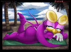 anthro ass avian beach big_butt bikini bikini_thong bird breasts clothed clothing female hi_res hirundinid iamzavok oscine passerine purple_body seaside sega solo sonic_(series) sonic_riders swallow_(bird) swimwear topless wave_the_swallow