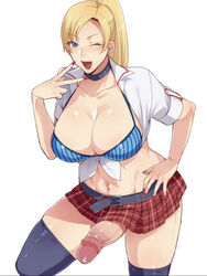 1futa big_breasts big_penis bikini blonde_hair bra breasts cleavage clothed clothing futa_only futanari human josou_gal_bitch_gakuen judy_(josou_gal_bitch_gakuen) light-skinned_futanari light_skin miniskirt mogiki_hayami mostly_nude pale_skin penis penis_under_skirt skirt solo wink