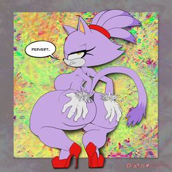 1:1 anthro ass big_butt blaze_the_cat breasts clothed clothing dialogue domestic_cat felid feline felis female hi_res high_heels holding_butt iamzavok mammal nipples sega solo sonic_(series) thong topless underwear video_games