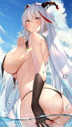 1girls :p aegir_(azur_lane) armwear ass azur_lane bangs big_breasts bikini black_thong blush breast_curtains breasts cross_earrings demon_horns female female_focus female_only grabbing_own_ass hair_between_eyes highres horns large_breasts long_hair looking_at_viewer looking_back ocean sideboob swimsuit thong thong_bikini u_ronnta very_long_hair water wet_skin yellow_eyes