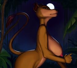 anthro big_breasts breasts disney felid female fur jungle lion looking_at_viewer mammal moon night nipples nude outside palm_tree pantherine plant savvskyler side_boob side_view solo tail_tuft tan_body tan_fur the_lion_king tree tuft zira