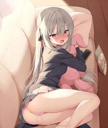 ass blush grey_hair kamu_(geeenius) pussy red_eyes tagme