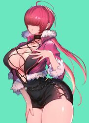 breasts cleavage cleavage_cutout clothing_cutout commentary cropped_jacket earrings female green_background hair_over_eyes highres jewelry king_of_fighters king_of_fighters_xv large_breasts leotard lipstick long_hair makeup miniskirt oro_(sumakaita) ponytail red_hair shermie_(kof) simple_background skirt snk solo symbol_commentary thighs twintails