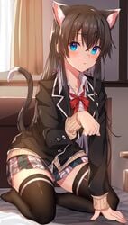 1girls artist_request bed blush cat_ears cat_tail female female_only give_paw innocent long_hair looking_to_the_side my_teen_romantic_comedy_snafu on_knees open_mouth presenting school_uniform sitting skirt solo tagme tail uniform yukinoshita_yukino