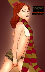 1girls alternate_hair_color breasts color color_edit edit eyes female female_only freckles goldman gryffindor gryffindor_scarf hair happy harry_potter hermione_granger light-skinned_female light_skin lips long_hair neckwear open_eyes panties partially_clothed red_hair scarf shiny_skin shorts side_view sideboob simple_background smile solo solo_female standing striped_neckwear striped_scarf stripes topless topless_female underwear watermark witch_(harry_potter) young