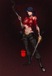 1girls artist_request blood breasts casual female female_only firearm footwear handgun human nipples pale_skin revolver rubi_malone solo sword topless weapon wet_(game)