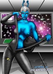 1girls 2004 alien andorian_(species) antennae_(anatomy) artist_name blue_skin collarbone english_text eric_borchert female female_only looking_at_viewer solo solo_female space spaceship star_trek text undressing