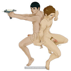 1:1 2009 alien average_sized_penis black_hair blue_eyes brown_eyes brown_hair circumcised duo erect_nipples half-erect human humanoid interspecies james_t._kirk maxotto nude phaser pointy_ears spock star_trek vulcan_(species) yaoi