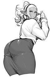 1girls ass ass_in_dress breasts bubble_ass bubble_butt curvy dark-skinned_female dark_elf dark_skin elf elf-san_wa_yaserarenai female huge_ass humanoid kuroeda long_hair long_skirt looking_back mole mole_under_eye monochrome plump pointy_ears ponytail sketch skirt solo synecdoche thick_thighs tight_skirt white_hair wide_hips