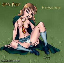 1girls breasts breasts_out female female_only gryffindor gryffindor_tie harry_potter hermione_granger hogwarts_robe nipples panties panties_aside presenting presenting_pussy pussy robe sebs skirt small_breasts solo solo_female tagme text upskirt witch_(harry_potter)