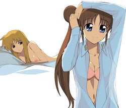 a1 adjusting_hair blonde_hair blue_eyes bra breasts brown_hair fate_testarossa female highres lingerie long_hair lyrical_nanoha mahou_shoujo_lyrical_nanoha mahou_shoujo_lyrical_nanoha_strikers multiple_girls nanoha_takamachi nearly_naked_shirt nipples nude open_clothes open_shirt purple_eyes red_eyes see-through shirt takamachi_nanoha underwear white_shirt yuri