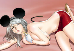 1girls bike_shorts breasts cheese cosplay disney female high_heels huge_breasts lying mickey_mouse mickey_mouse_(cosplay) mouse mouse_ears sandals shoes silver_hair solo tatsunami_youtoku