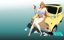 car diva_mizuki gigantic_breasts gravion heart_cutout jyubei nipples_visible_through_clothing simple_background tachibana_mizuki tagme