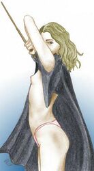 1girls blue_(artist) breasts breasts_out female female_only gryffindor harry_potter hermione_granger hogwarts_robe panties robe small_breasts solo solo_female tagme wand witch_(harry_potter)