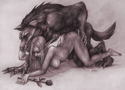 1boy 1girls anthro_on_female anthro_on_human anthro_penetrating anthro_penetrating_female anthro_penetrating_human arched_back ass ass_up breasts claws closed_eyes doggy_style elf fangs female_penetrated flower fur harag huge_breasts human_female interspecies larger_male long_hair monochrome night_elf nipples nonhuman_male_on_human_female nude piercing pointy_ears romantic rose sex sketch warcraft werewolf worgen